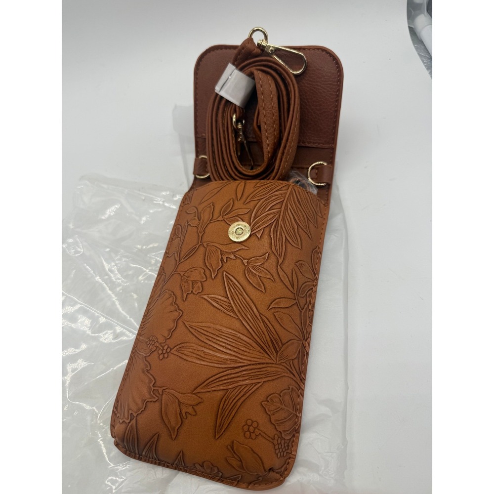 New Save The Girls Swing Along Crossbody Bag Brown Embossed Floral Touch Screen